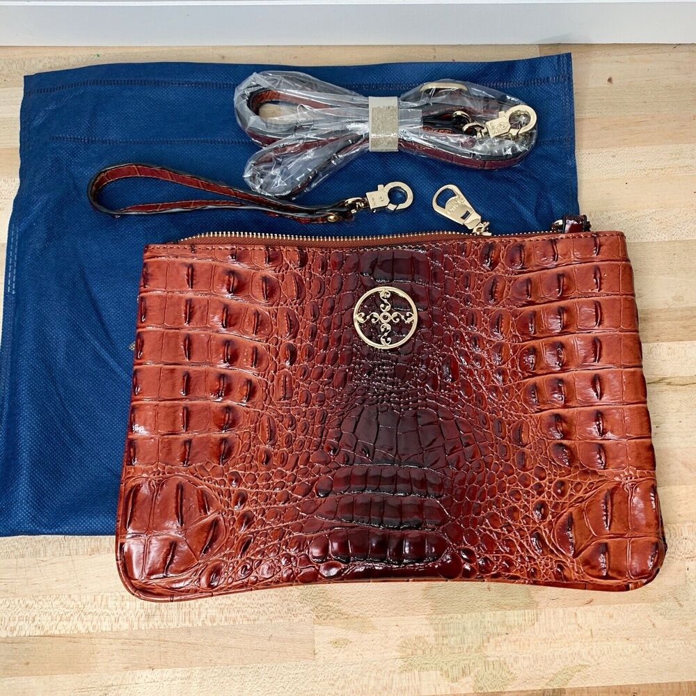 Stauer Brown Faux Crocodile Embossed Purse Crossbody & Wristlet Straps Dust Bag